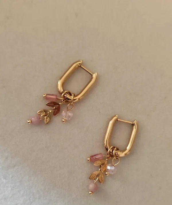 Gold dainty earring with pink charms leaves removable multiway to wear them - Image 5