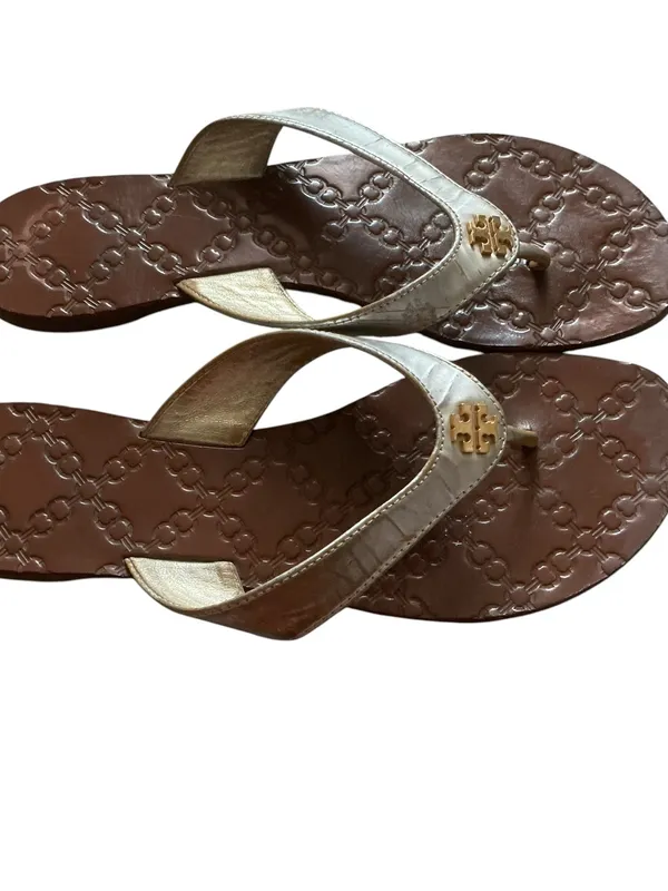Tory Burch Thora thong sandals metallic leather strap gold logo size 8 - Image 2