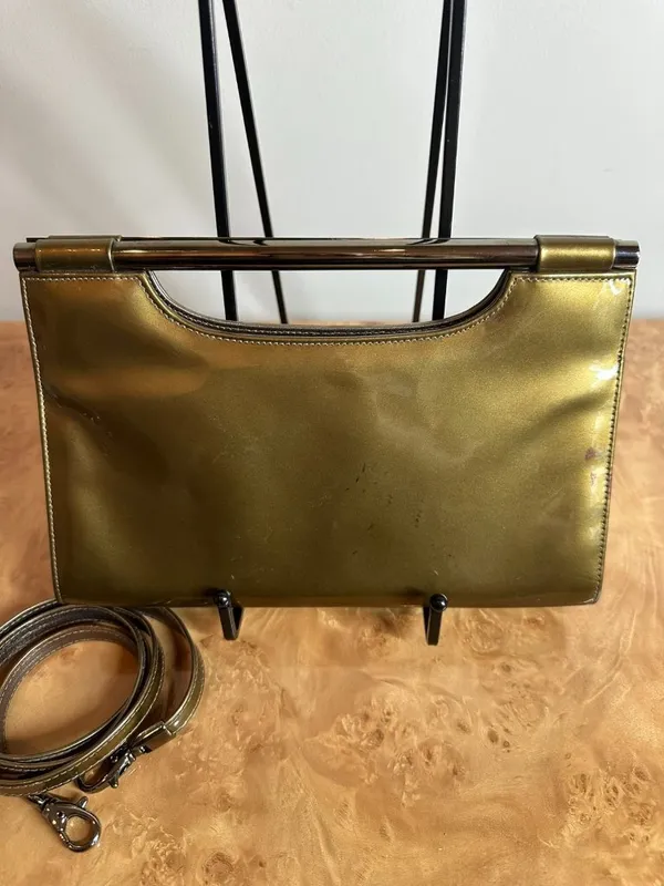 Stuart Weitzman Vintage Bronze Patent Leather Frame Bag Crossbody Clutch - Image 3