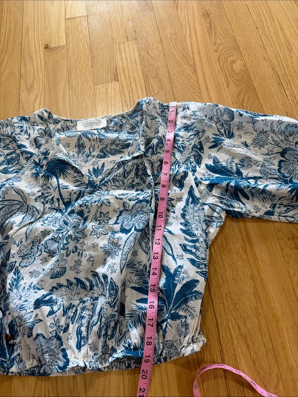 Fisherman's Daughter Blue Palm Cotton Cropped Blouse Sz L - Image 5