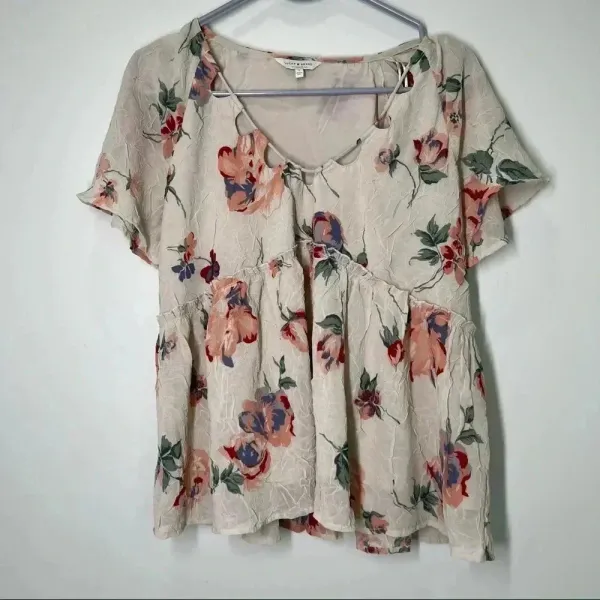 LUCKY BRAND Women's Pink Floral Flutter short sleeve Top S - Image 3