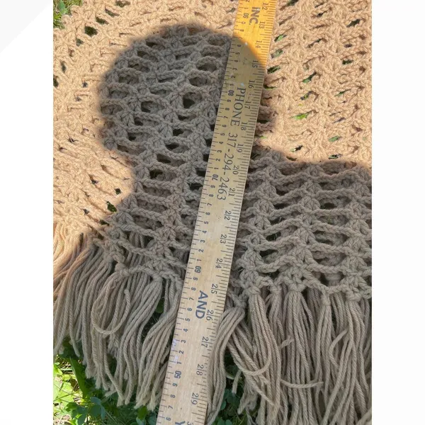 Handmade Vintage Crochet Poncho Tan Camel Fringe‎ Boho Festival One Size - Image 3