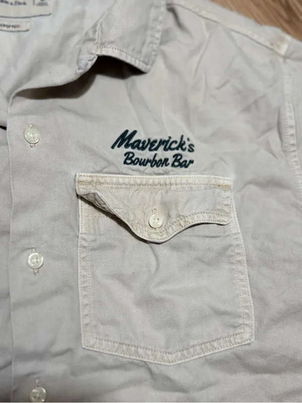 Abercrombie Western Cropped Camp Shirt Cream Cowboy Austin TX Embroidered M - Image 4