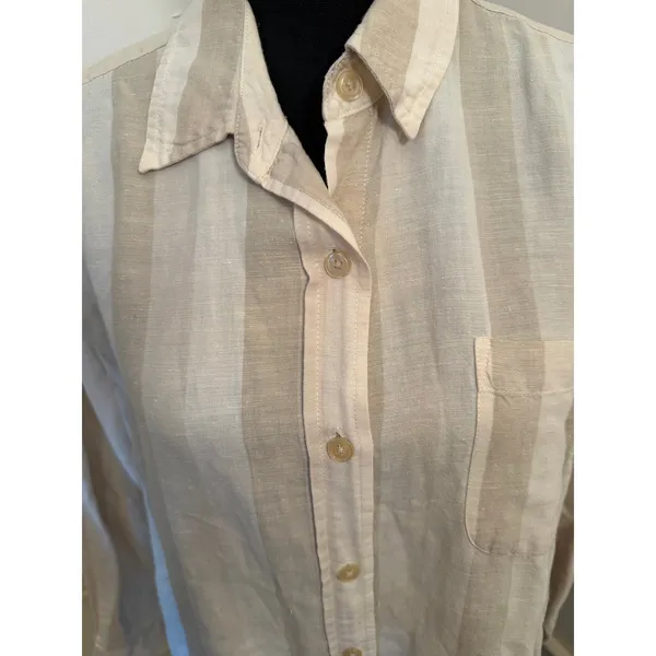NY&C NY Khakis Neutral Striped Linen Blend Button-Down Shirt Minimalist Coastal - Image 3