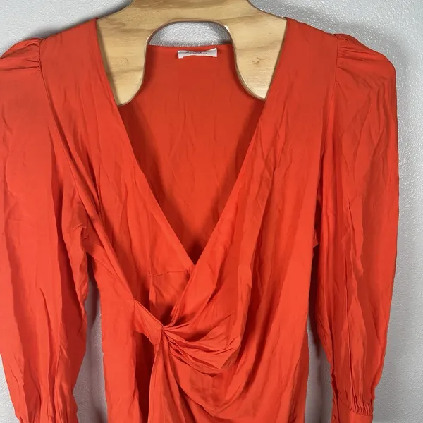 Showpo Long Sleeve Mini Dress Size US14 Bright Orange Faux Wrap Ruffle - Image 2