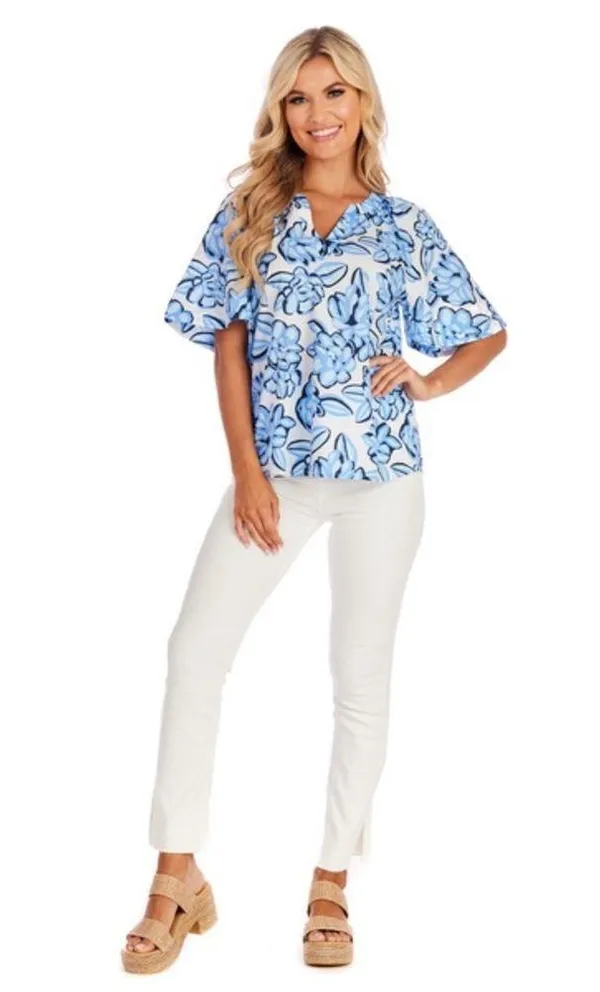 NWT Mud Pie Anderson Top Cotton Boxy Blouse Blue White Floral Size Small - Image 3