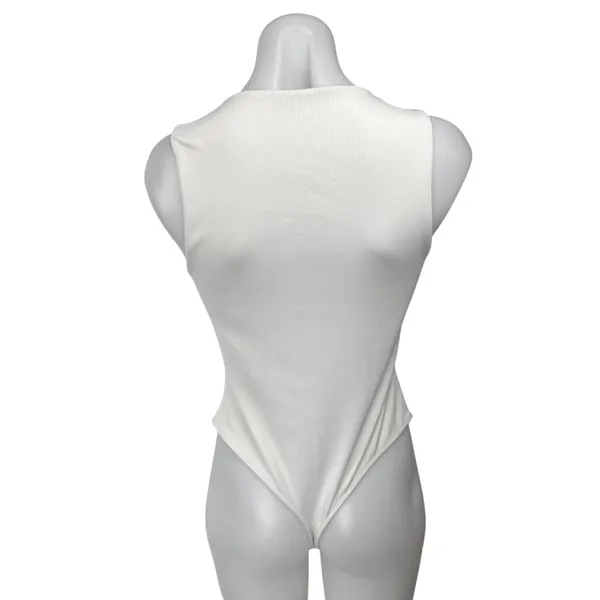 Aritzia Babaton White Sleeveless Ribbed Knit Tank Thong Bodysuit Top Size L - Image 2