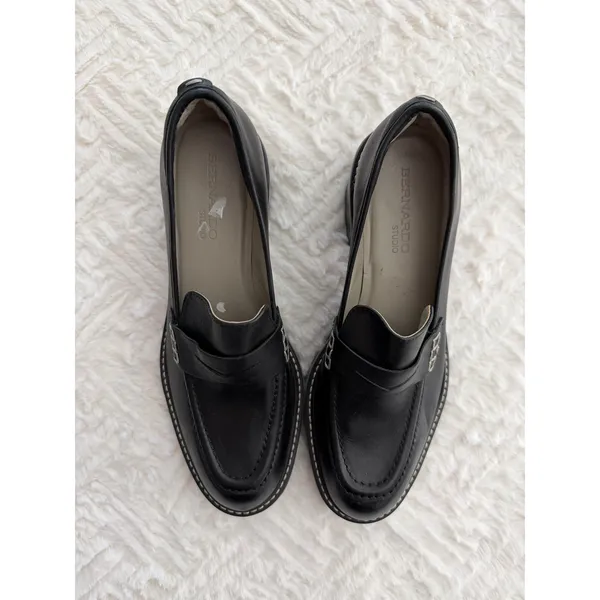 Bernardo Selma Black Leather Lug Sole Penny Loafers Chunky Stacked Heel Academia - Image 3