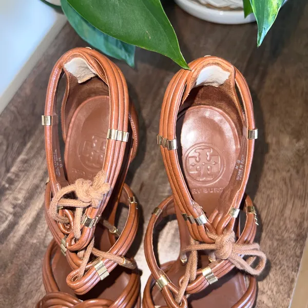 Tory‎ Burch Audrianna Knotted Leather Heeled Sandals Dressy - Tan Size 8M - Image 9