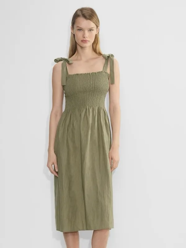 NEW Aritzia Wilfred Women’s Golden Hour Smocked Organic Linen Midi Dress - Image 4