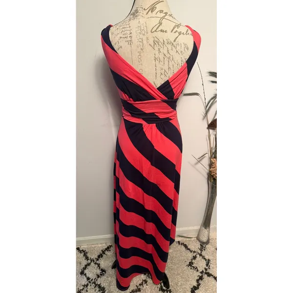 Lilly Pulitzer Womens XS Navy Coral Striped V-Neck Sleeveless Maxi Dress‎ - Image 2
