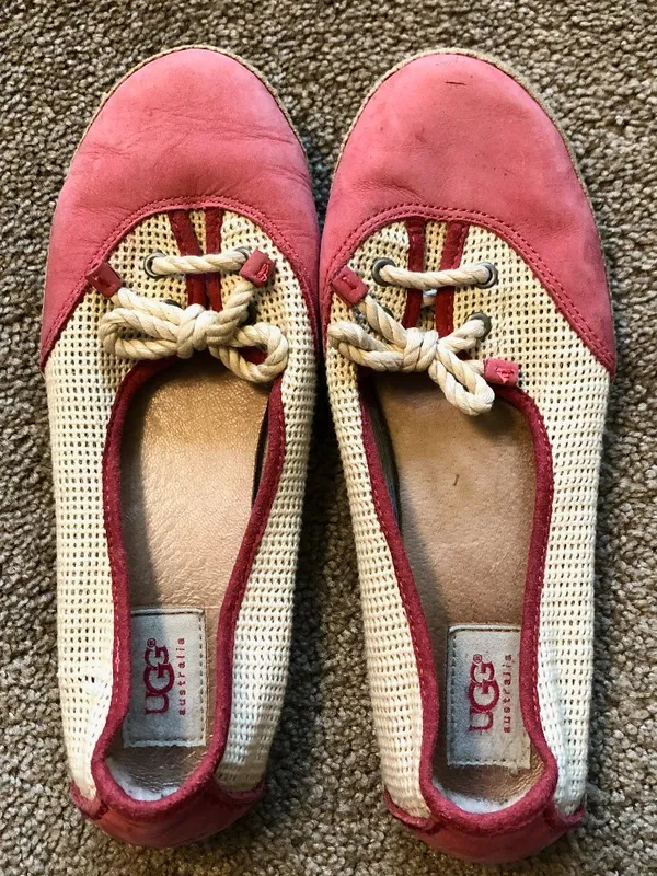 UGG Catrin Crochet Slip Ons Coral Red Pink Beige Espadrille LEATHER Flats US 8 - Image 2