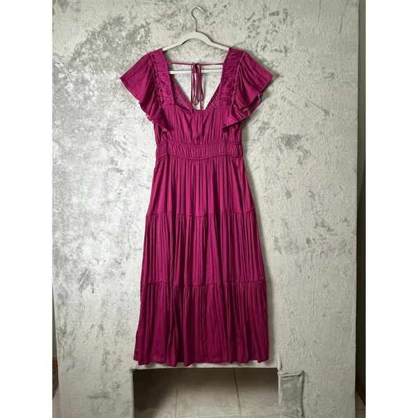 Anthropologie Ruffled Tiered Midi Dress Raspberry Romantic Cottagecore‎ Boho SM - Image 4
