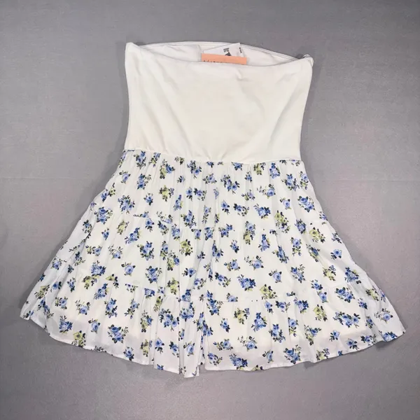 Evolutionary Womens Strapless Floral Tiered Mini Dress White Blue XL - Image 2