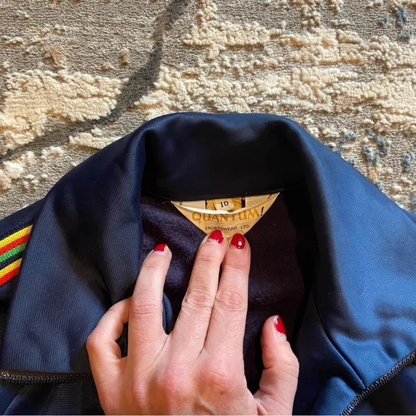 Vintage navy jacket with rainbow detail down arms. Sz‎ 10 (M) - Image 4
