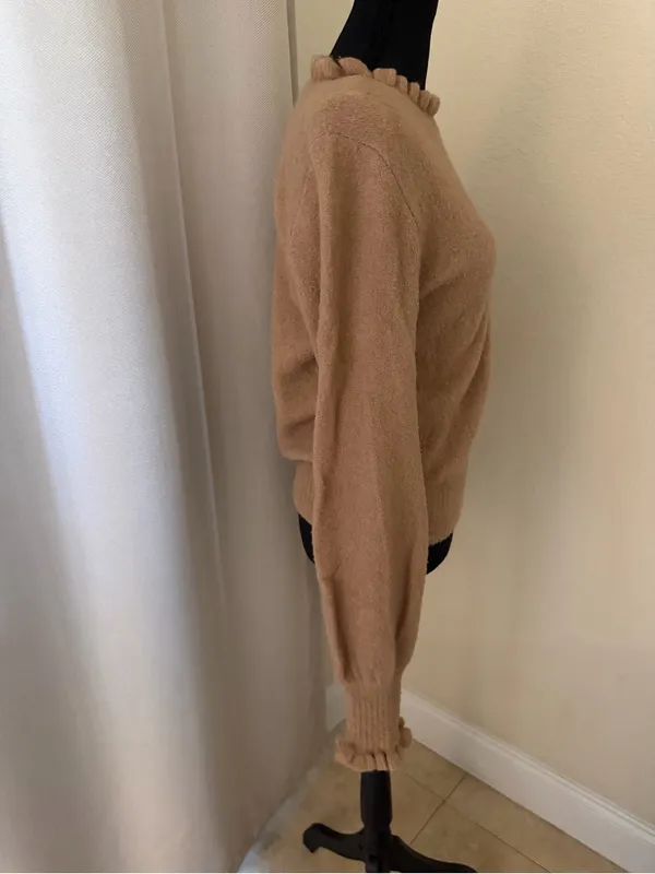 DOEN Alpaca Wool Blend Ruffle Trim Sweater Camel Puff Sleeve Knit Small - Image 6