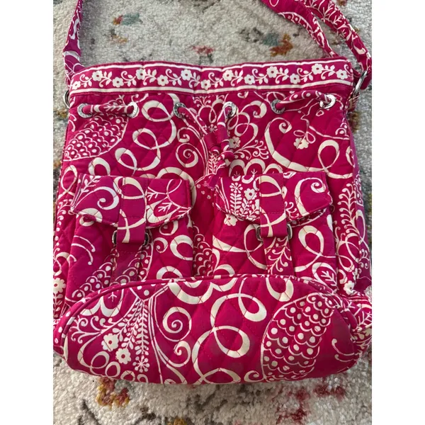 Vera Bradley Pink Paisley Quilted Cotton‎ Drawstring Crossbody Bucket Bag Floral - Image 2