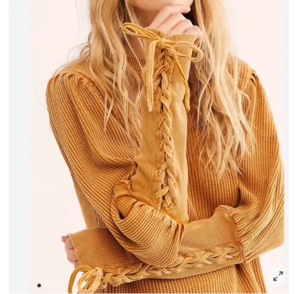 Free People One Tasha Thermal Waffle Knit Lace Up Puff Sleeve Women's Size Small - Image 2