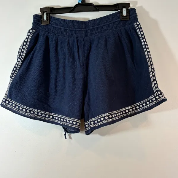 J. Crew Embroidered Shorts Cotton Blend‎ Drawstring Waist Boho Y2K Blue Size 6 - Image 2