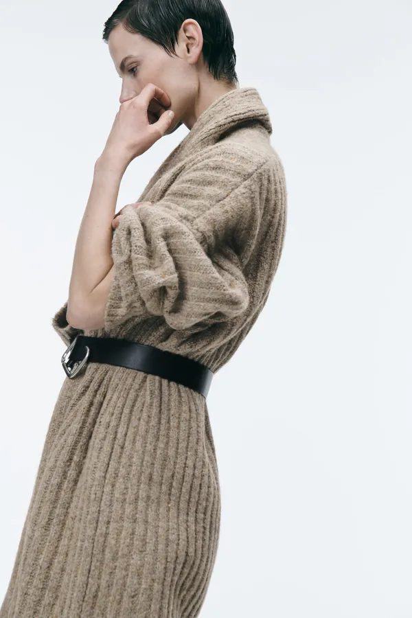 ZARA Tan Ribbed Knit Long Coat Cardigan Jacket - Image 5