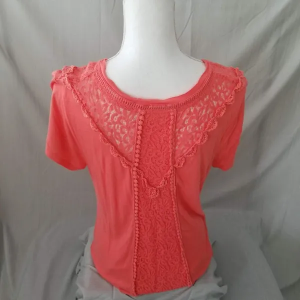 Cato Womens Coral Lace Accent V-Neck Short Sleeve Top Size L - Image 2