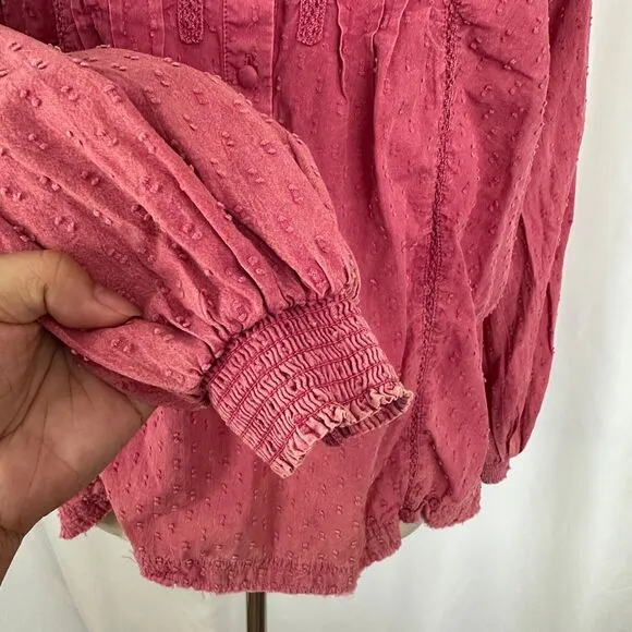 Anthropologie Pilcro Swiss Dot Peasant Blouse Long Sleeve Button‎ Front Pink XS - Image 3