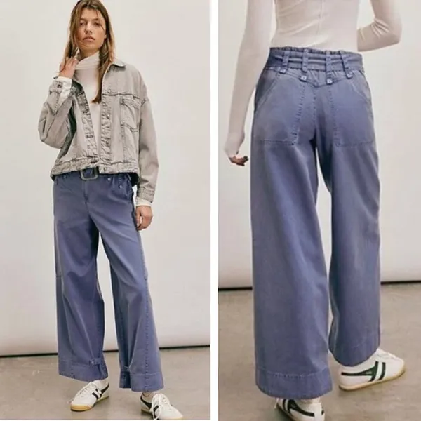 FREE PEOPLE Sloane Belted Blue Wide Leg Pants Size Small - Image 4