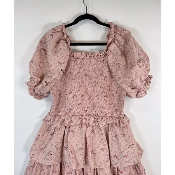Hyacinth House Womens Dress Beige Mini Floral Smocked Ruffle Puffed A Line Large - Image 10