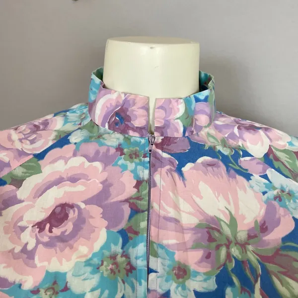 Vintage Handmade Housedress Floral Dress Purple Blue‎ Zip-Front Stand-Up Collar - Image 8