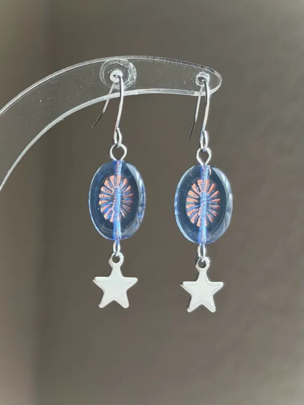 Handmade retro vintage cute whimsical style quality Czech glass beads unique dangle earrings🩵 - Image 7