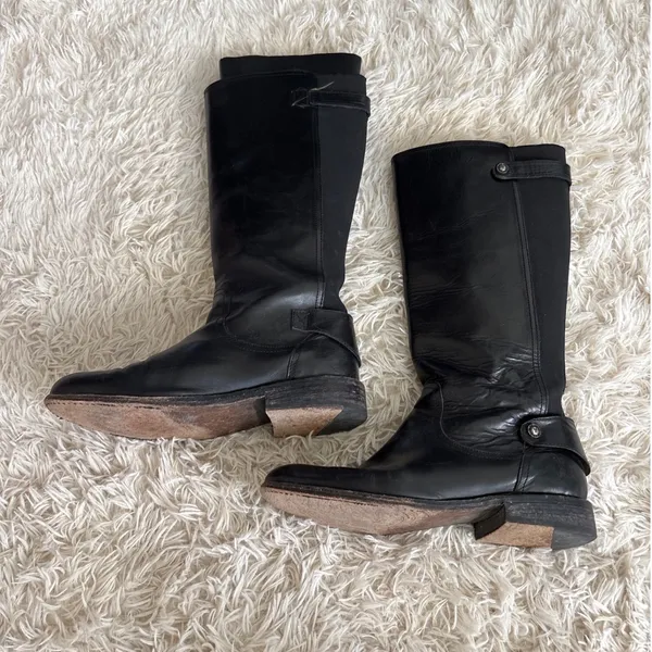 FRYE Women's Black Leather Tall Riding Boots Buckle Detail Side Zip 9.5‎ - Image 3