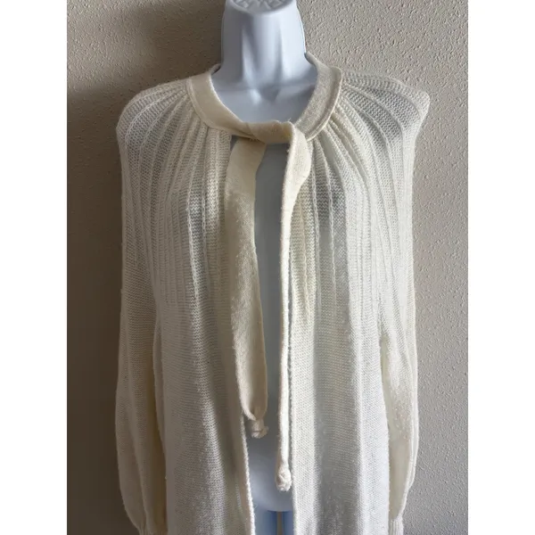 Azure Cardigan Sweater L Cream Vintage Tie Neck Ribbed Knit Open Front USA Made - Image 6