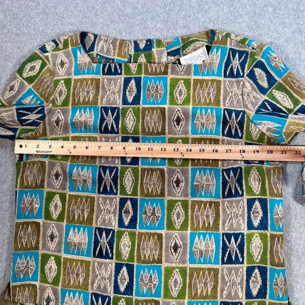 Jordan Vintage 3/4 Sleeve Blouse Womens Large Button Back Square Neck Green/Blue - Image 5