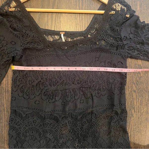 Free People Black Lace Bell Sleeve Mini Dress XS Festival Boho Crochet Tunic - Image 7