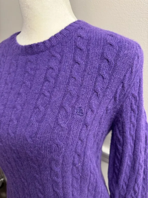 Lauren Ralph Lauren LRL Cable Knit Long Sleeve Pullover Sweater Purple Medium - Image 6