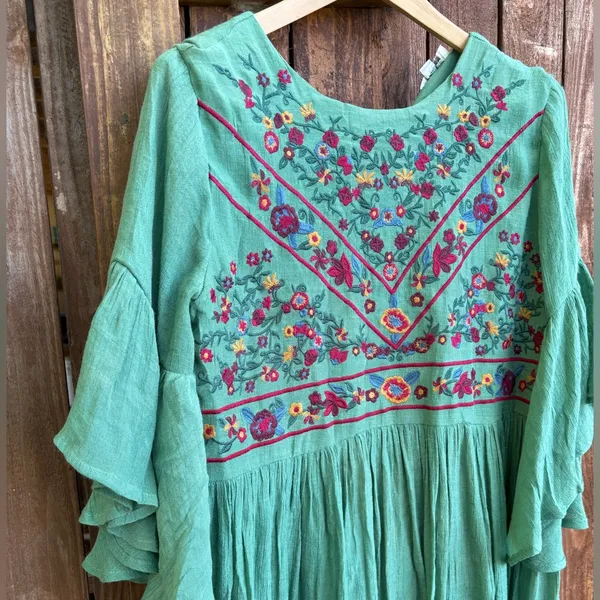 Umgee Bohemian Boho Green Embroidered Bell Sleeve Dress - Image 3