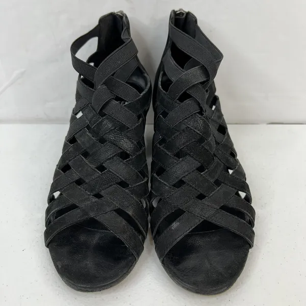 Eileen Fisher 6 Oodle Black Criss Cross Sandal Wedge Nubuck Leather Stacked Heel - Image 6