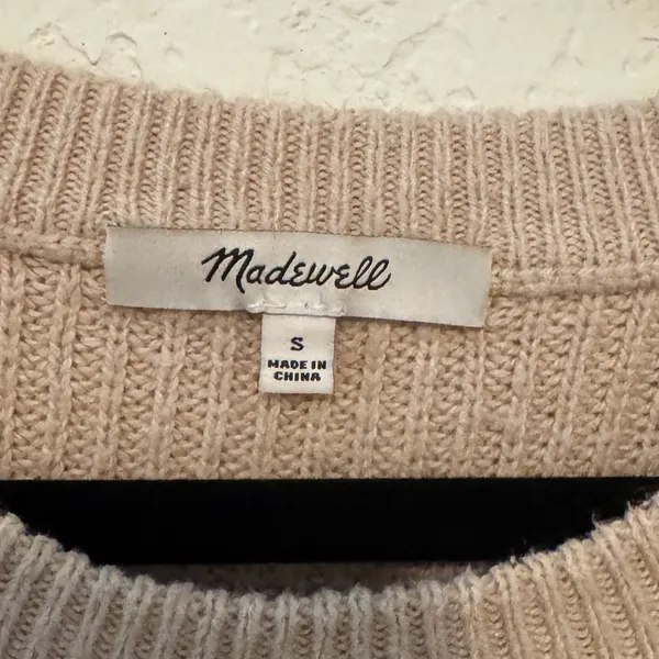 Madewell Ribbed Crewneck Sweater with Pocket - Beige, Size Small - Image 3