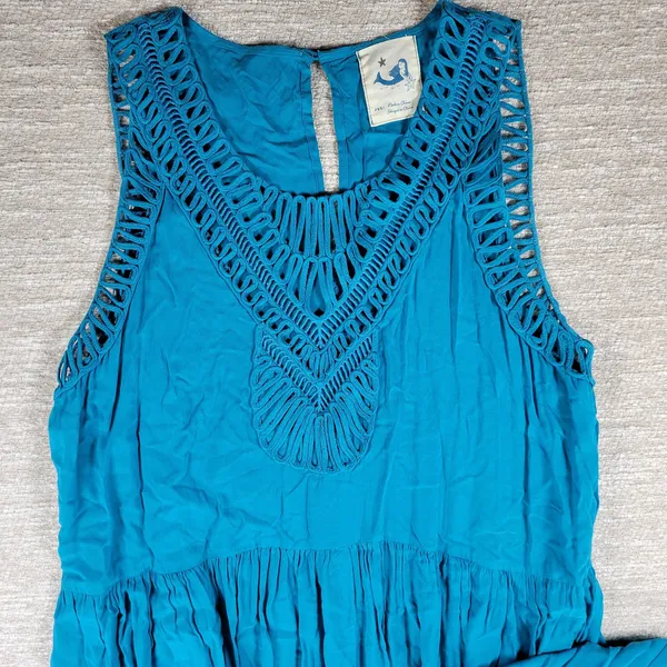 Anthropologie x Mermaid Macrame Maxi Dress M Blue Rayon Flowy Coastal Vacation - Image 12