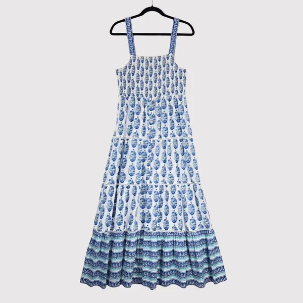 Playa Lucila Maxi Dress Blue Smock Border Tiered Sleeveless Sundress Boho Large - Image 2