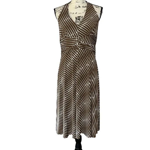 Sushi Flower Brown Polka Dot Halter Midi Dress Retro Pinup V-Neck Large USA - Image 2