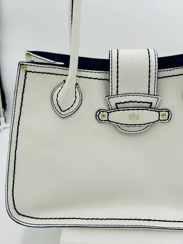 Antonio Melani White Leather Satchel Bag Magnetic Closure Blue Trim - Image 4