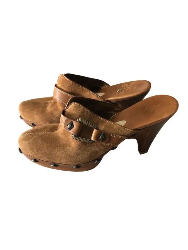 Cole Haan Studded Brown Suede Mules Buckle Wooden Block Heel 7.5 - Image 3