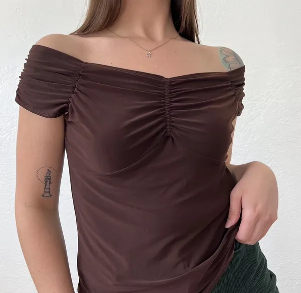 Carol Rose Women's Brown Ruched Top Short Sleeve Off Shoulder y2k Cottagecore - Image 2