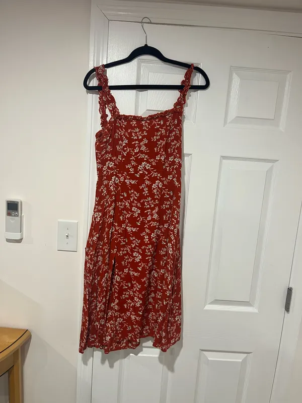 Lulus Floral Red Midi Dress with Slit. Some pulling (pictured) - Image 2