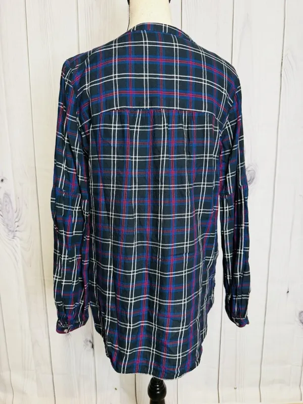 Ann Taylor Loft Plaid Tunic Blouse Women's Sz M V-Neck Black Blue Red - Image 7