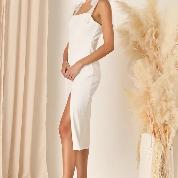 Lulus Romantic Celebration White Tie-Strap Bodycon Midi Dress Party Medium - Image 5