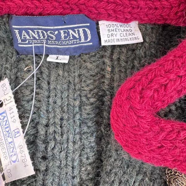 Lands’ End Vintage Shetland Wool Cardigan Green Pink Trim Cable Knit Jacket L - Image 5