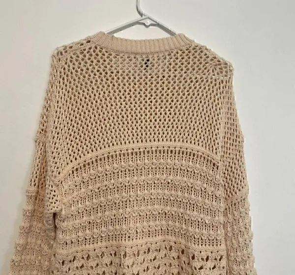 UNIVERSAL THREAD Cream Beige Mixed Knit Crochet Open Weave Crew Neck Sweater S - Image 11