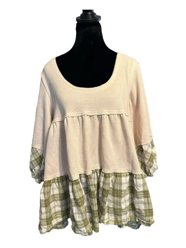 Shades Of Fall 3/4 Sleeve Plaid Rib Knit Tiered Tunic Balloon Sleeve Women’s Med - Image 5